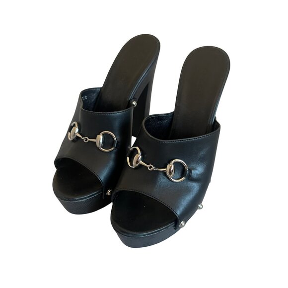 Gucci Betis Glamour Horsebit High Heel Clogs Sandals Stud Open-Toe Size 38.5 - Picture 5 of 15